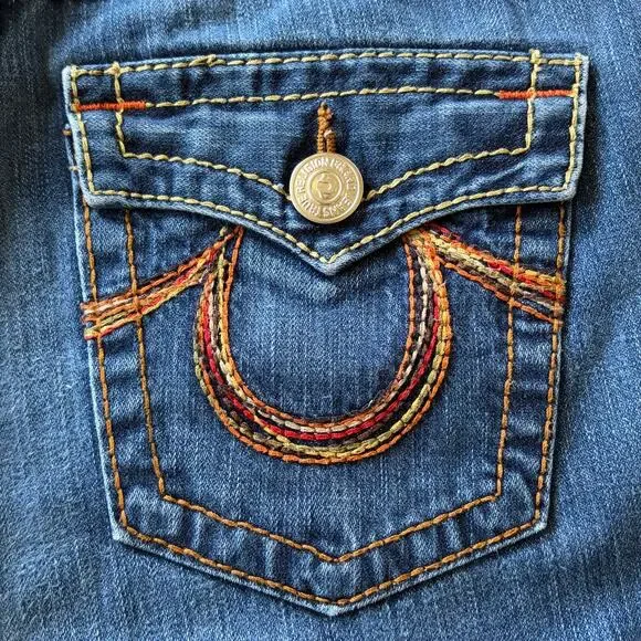 Y2k True Religion Rainbow Joey Jean 30 Blue Flare USA Flap Pocket Stitched - Picture 2 of 12